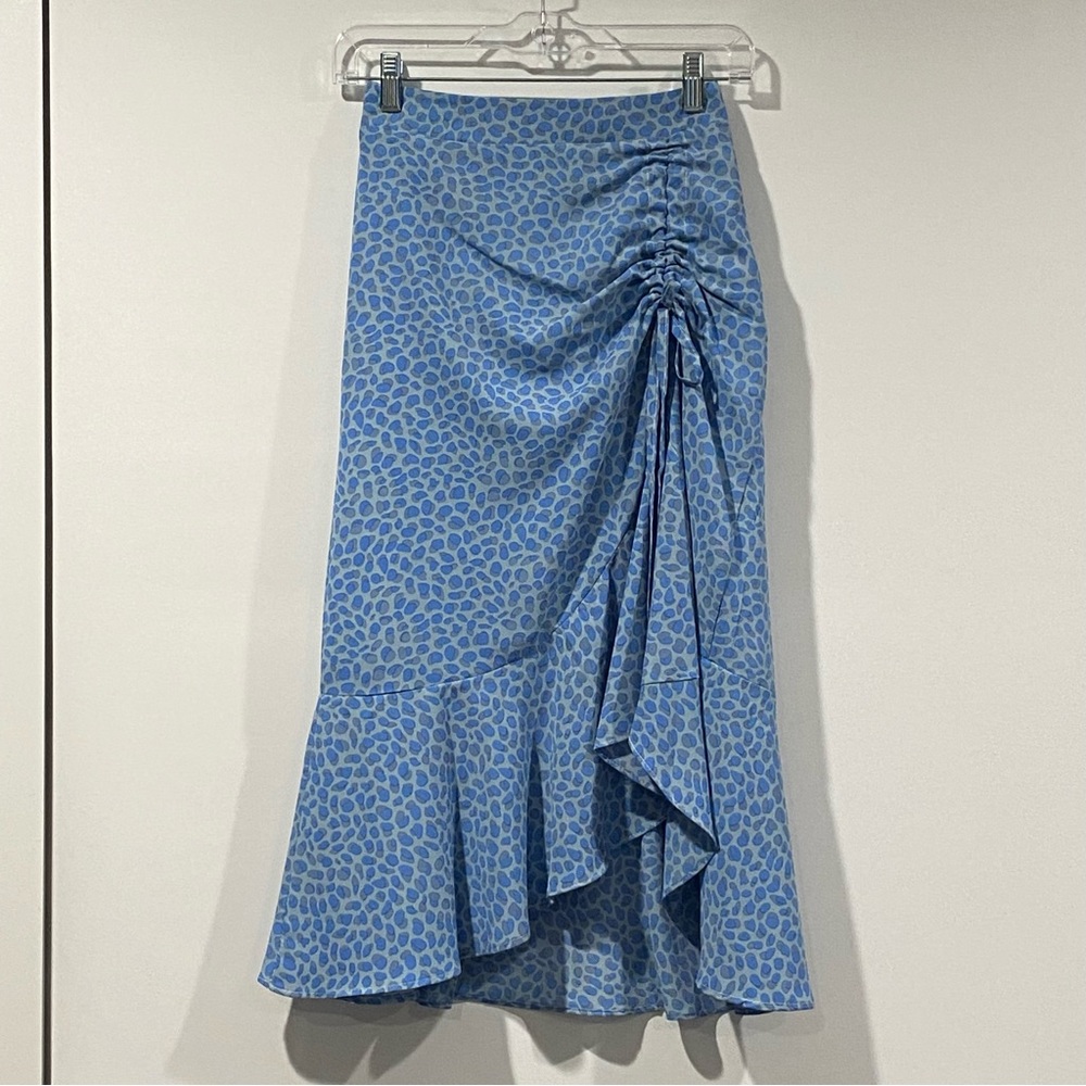 GIRAFFE PRINT RUCHED WRAP MIDI SKIRT WOMENS SIZE XS/S BLUE